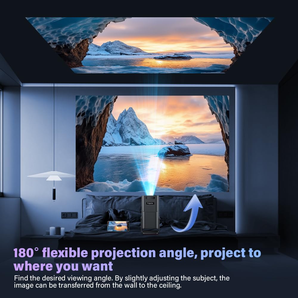 Mini proiettore 4K Smart Beamer compatibile, proiettore con WiFi Bluetooth 1080P Full HD, correzione trapezoidale automatica, compatibile con HDMI/TV Stick/Memory Stick/Laptop (X500 nero)