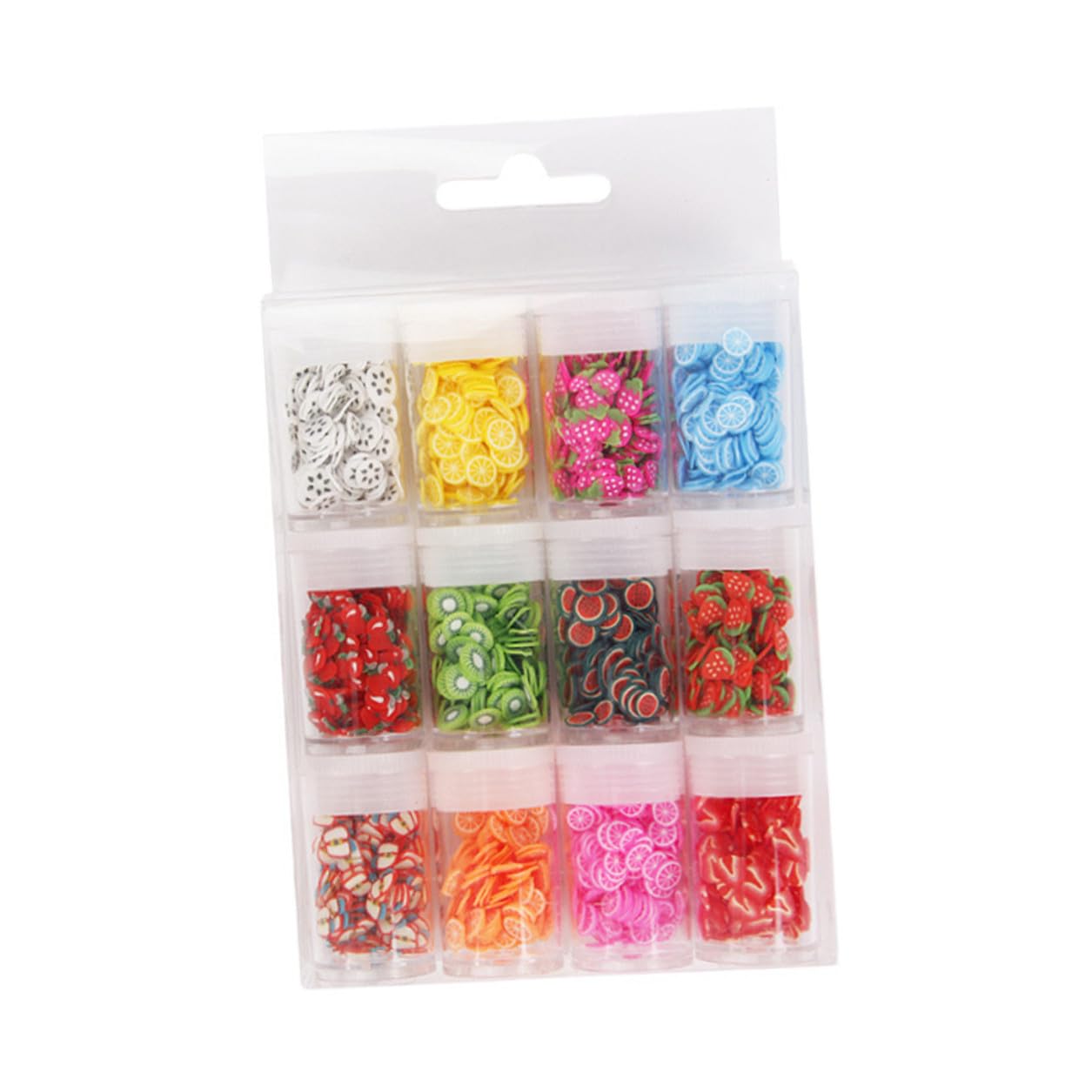 Veemoon Tranches d'Argile Polymère pour Décoration Ongles 12 Boîtes Fruits Colorés Accessoires DIY Breloques Gloss à Lèvres Loisirs Créatifs Facile à Appliquer pour Femmes et Filles