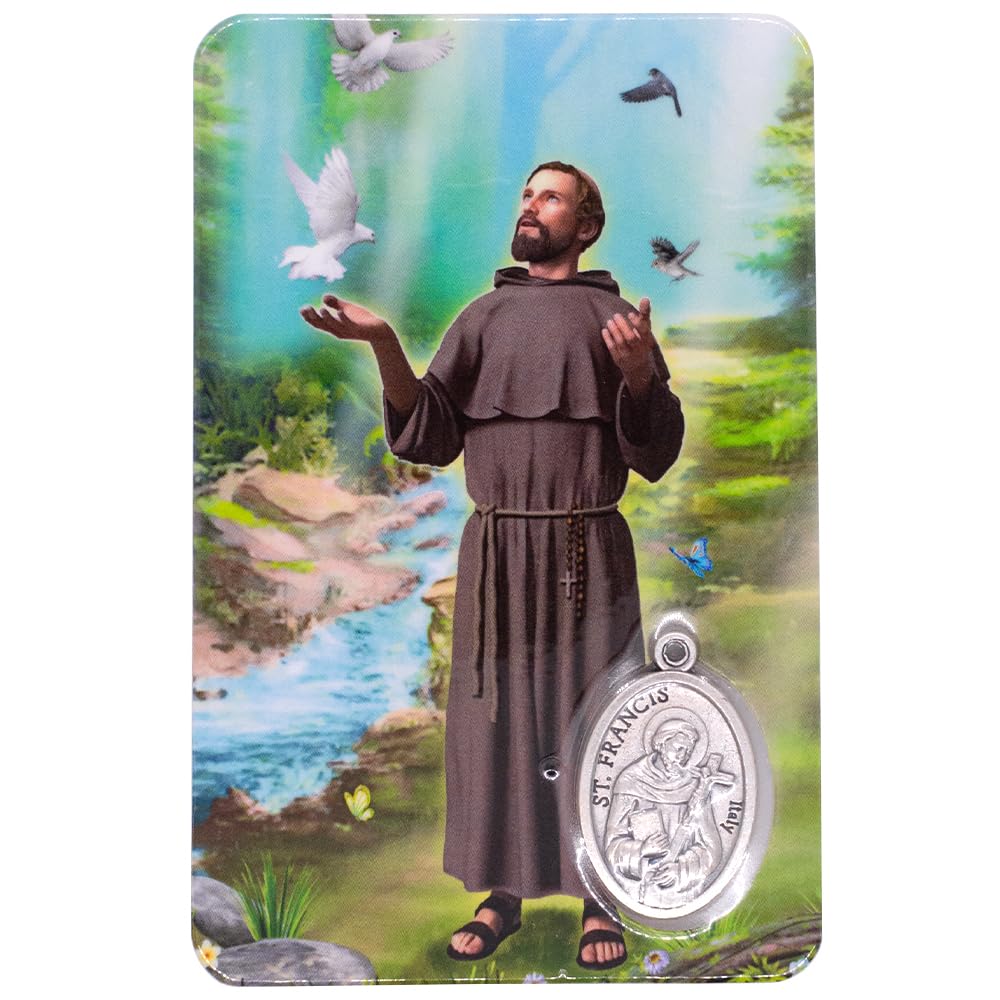 VILLAGE GIFT IMPORTERS Holy Prayer Card with Built-In Medal Pendant | Laminated Full-Color Prayer Card (Saint Francis of Assisi Prayer Card with Medal)