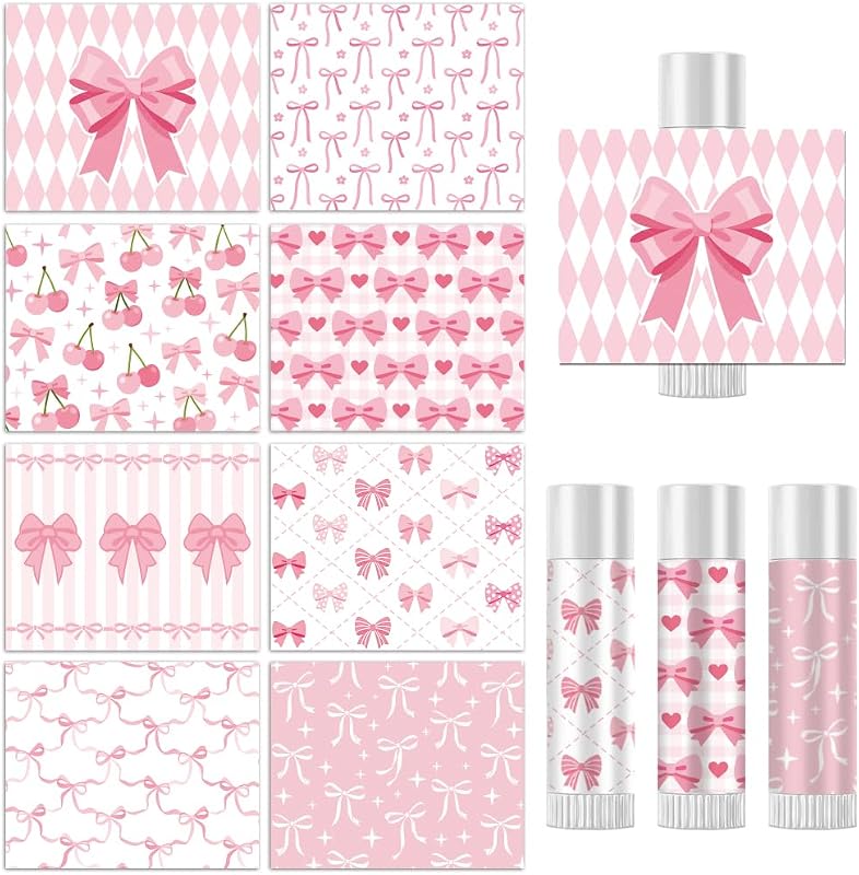 Etiquetas adesivas peacoblue Pink Bow and Cherry para tubos de protetor labial, 160 unidades