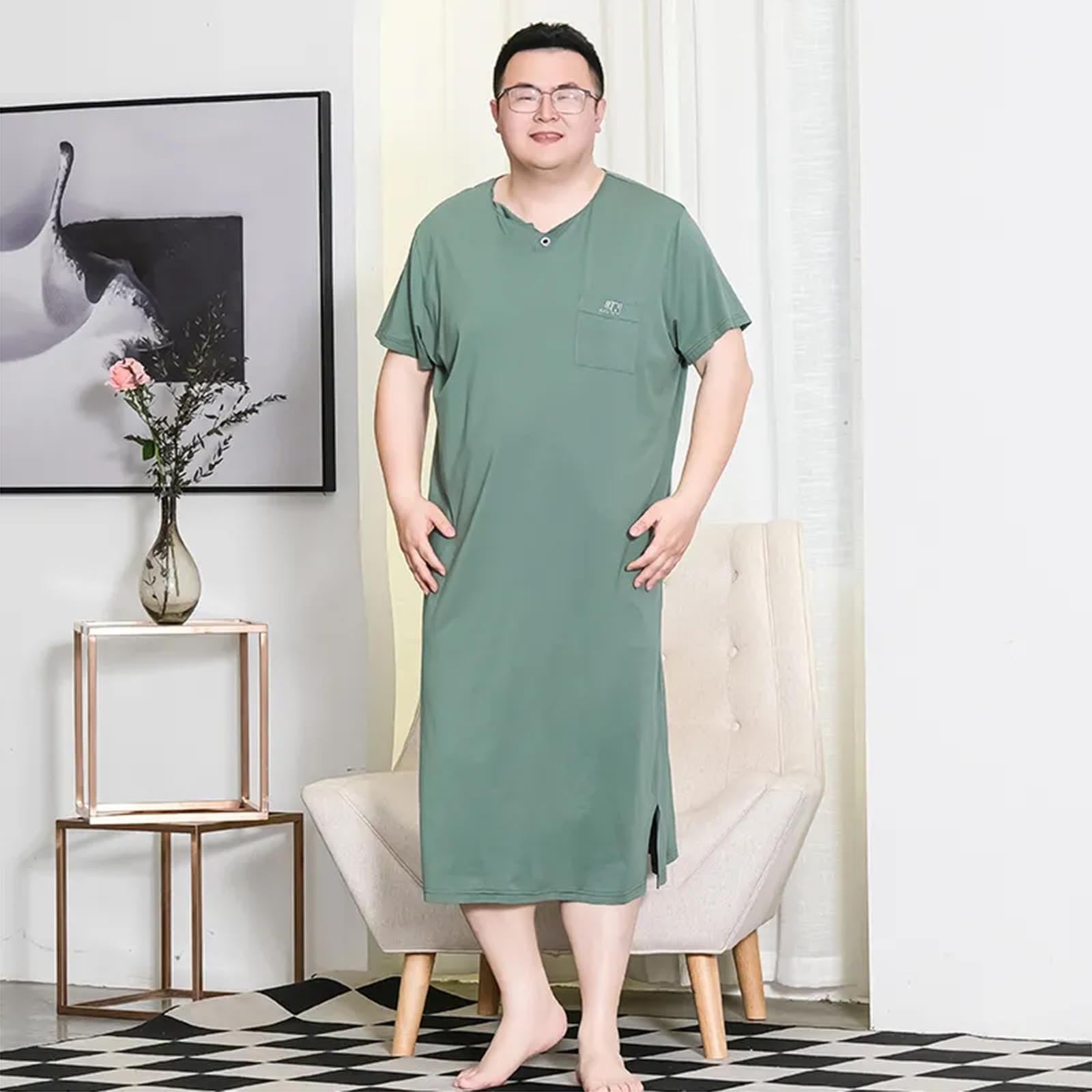 Generic Męska koszulka nocna w rozmiarze plus size Wygodna koszula nocna z krótkim rękawem Big & Tall Henley,Green,3XL