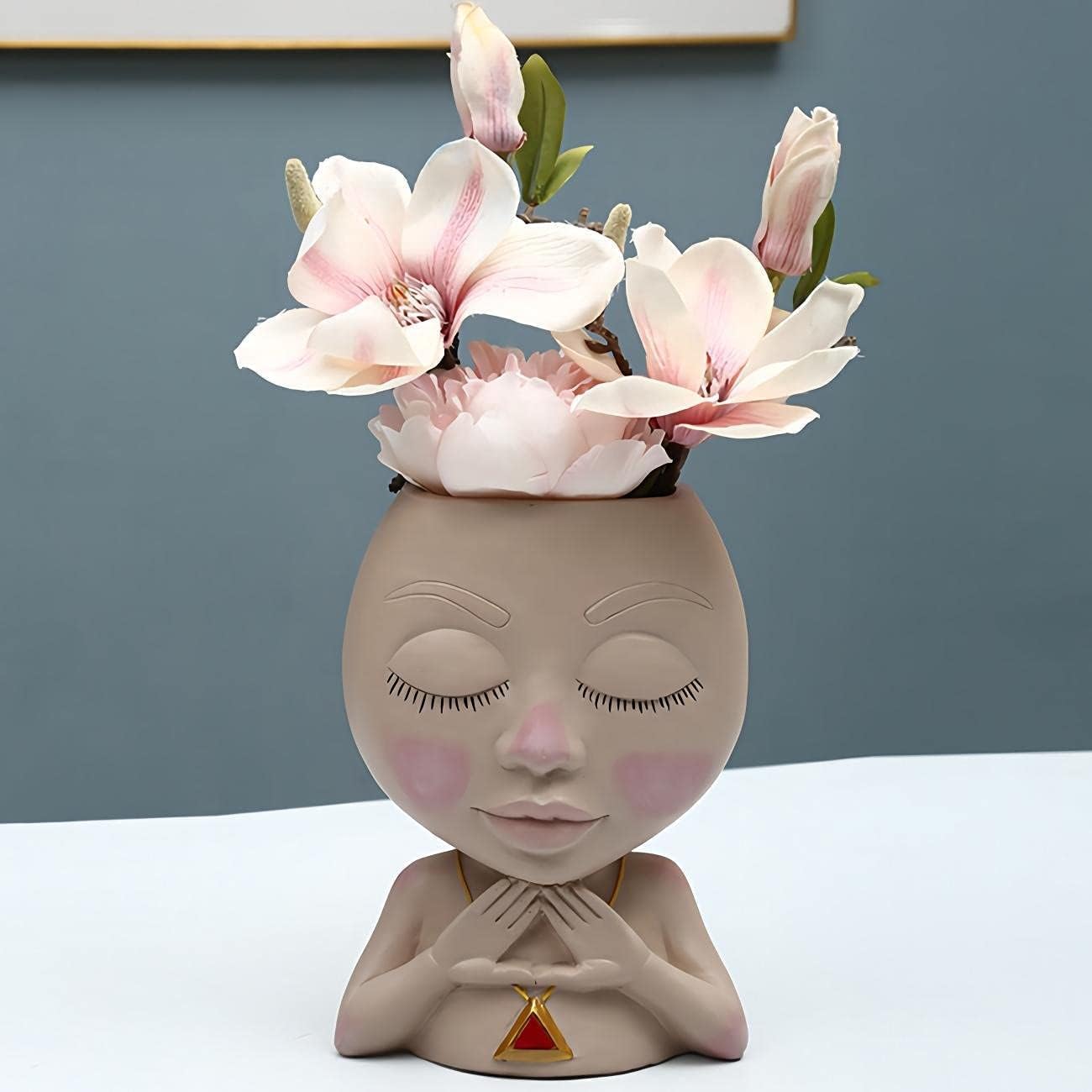 Face Planter Pot Cute Resin Flower Head Planters for Indoor Outdoor Closed Eyes Succulent Pots Gift IdeaI for Mother and Appreciation Christmas with Drainage Hole