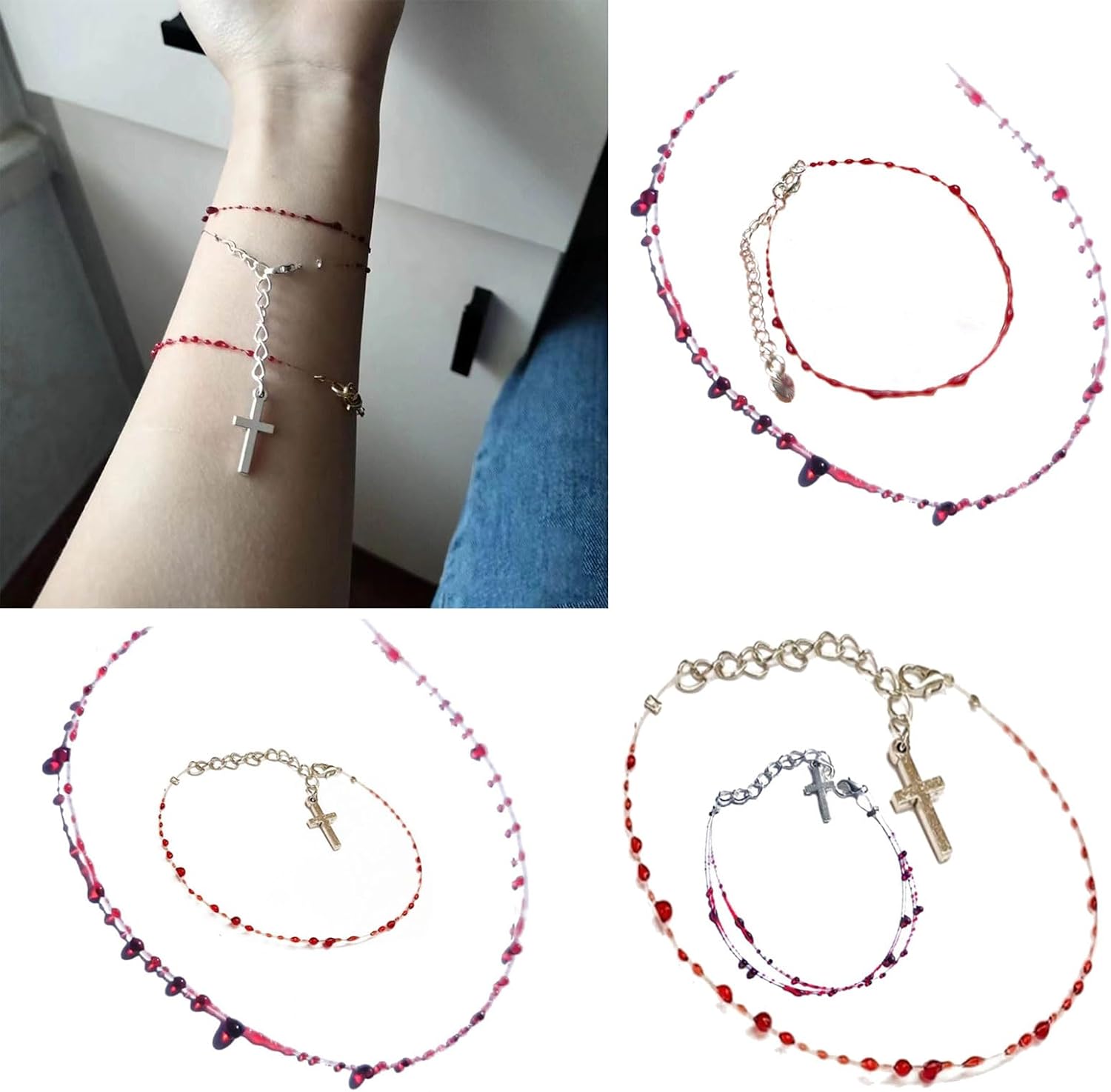 Vintage Fashion Novel Red Blood Drop Bracelet Hip Hop Punk Crossed Open Bracelet Necklace Banquet Jewelry Accessories - Image 8