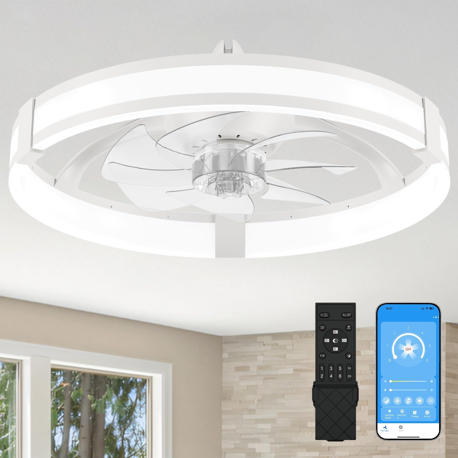 Aipsun Low Profile Ceiling Fans with Lights and Remote, 3000K-6500K Smart Bladeless LED Fan Light, 20" Modern Flush Mount Ceiling Fans with Lights for Bedroom White