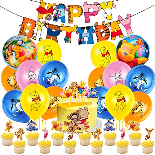 Winnie L'ourson Décoration Anniversaire 42 pcs,Winnie the Pooh Anniversaire,L'ourson Bannière Anniversaire,Winnie L'ourson Décoration de Gâteau,Anniversaire Ballons,pour Enfants Fête Décoration