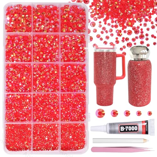 12000Pcs Red Color Rhinestones for Bedazzling 2/3/4/5/6mm Mix Sizes Jelly Bedazzling Resin Gems Red Gems Bedazzling for Crafting Flatback Resin Rhinestones for DIY Face Makeup Crafts Tumblers