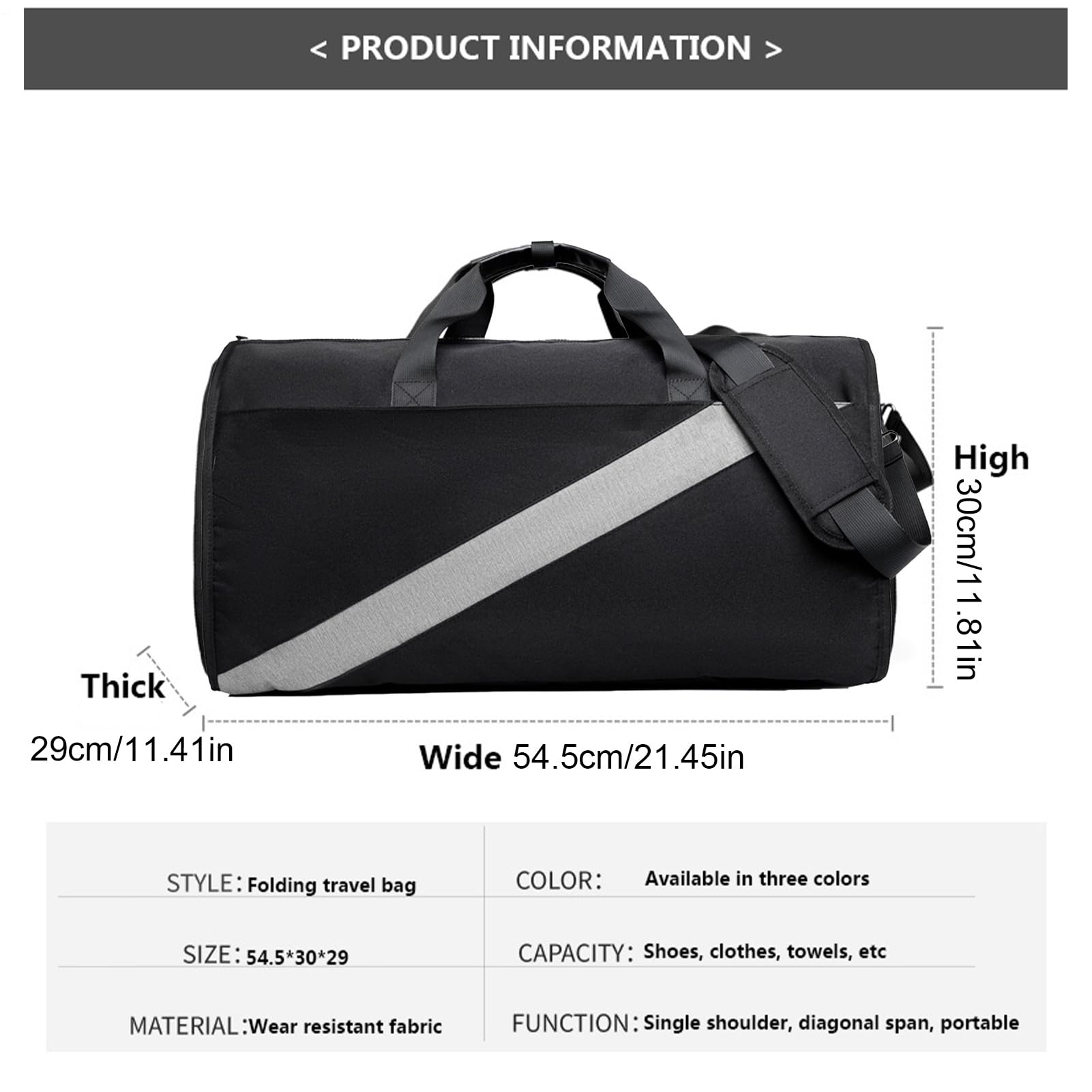 Torba na ubrania, wodoodporna, składana, 21,46 x 11,42 x 11,81 | stylowa torba do przechowywania, odporna na wyprawy biznesowe, torba na ramię, czarny, Siehe Beschreibung, Patrz opis