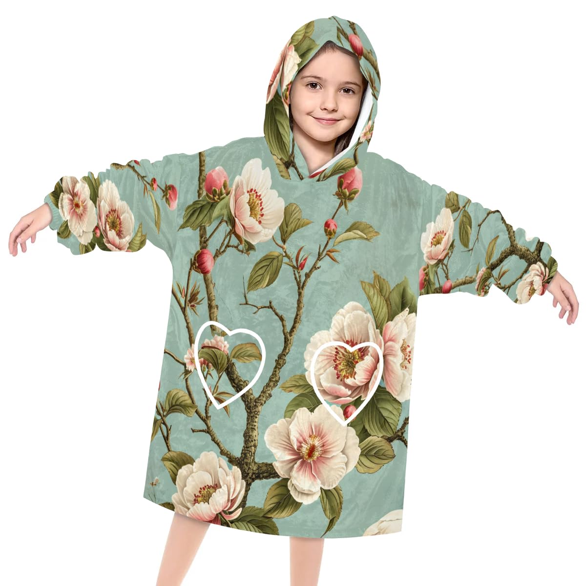 Wearable Blanket Hoodie for Kids, Flower Peach Blossom Fleece Sweatshirt Blanket Oversized Blanket Sweatshirt with Pocket Flannel Warm Hooded Blanket 6-10 Year Old Girl Boy Gift, One Size