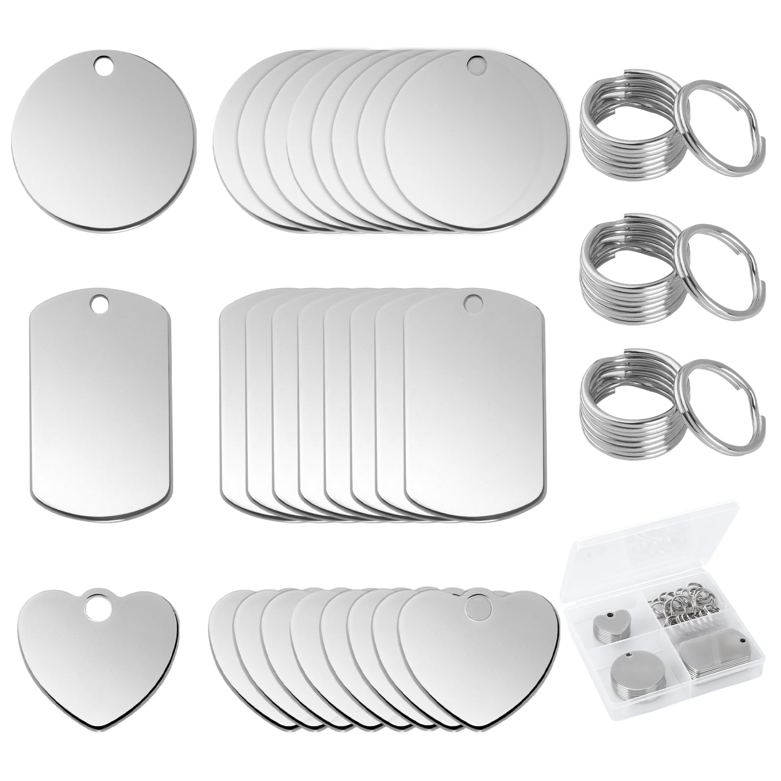 GHVACZS 24 Pieces Stainless Steel Pendant Blanks, Round/Rectangular/Heart-shaped Blank Pendants Keychains, Punching Blanks Dog Tags with Key Ring, Blank Stamping Tag Pendants for Necklaces