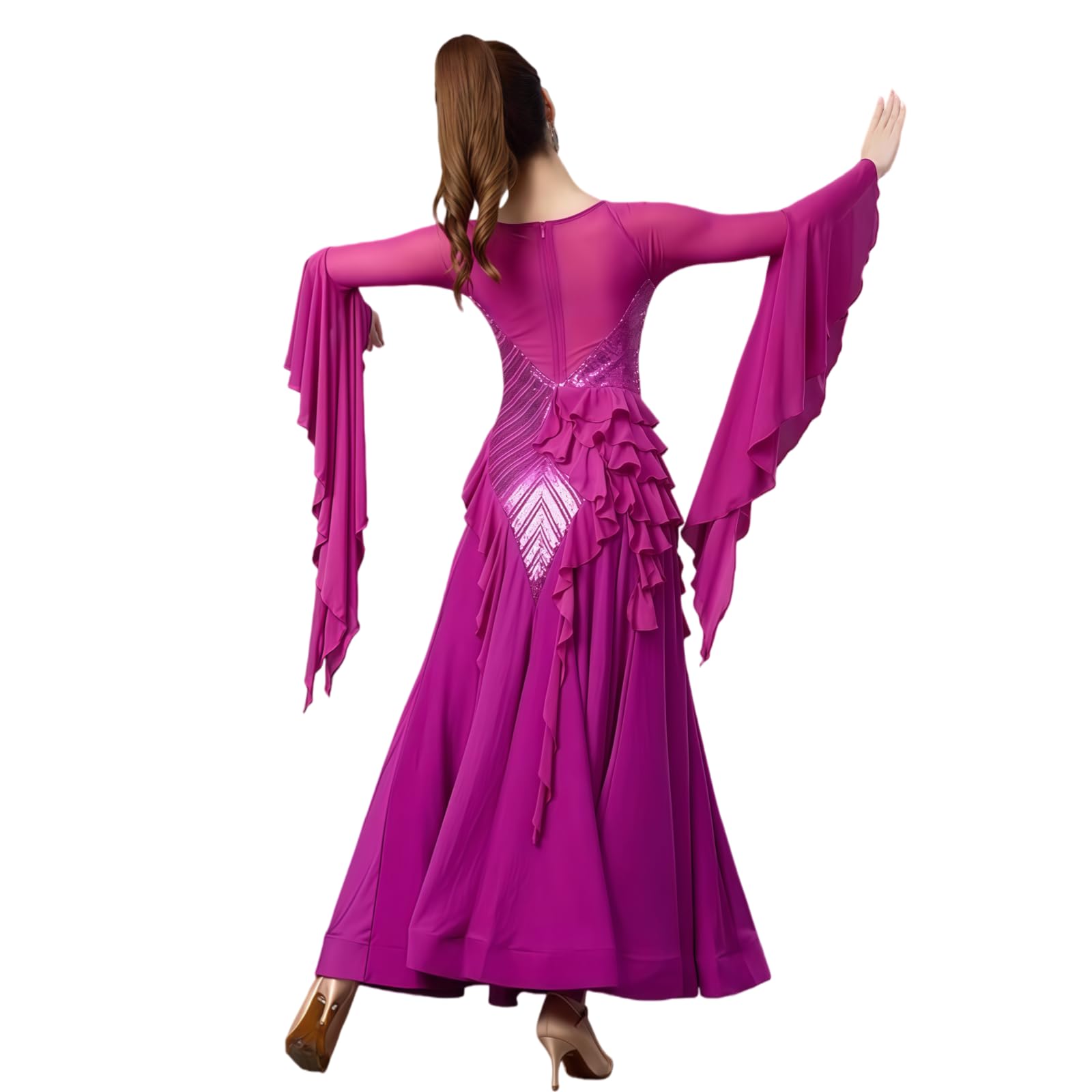 Damen Standard Ballroom Tanzkleid, Elegantes Langarm Tanzkleid Mit V-Ausschnitt, Pailletten Und Fließendem Rock Für Walzer Tango Foxtrott Training Und Turnier