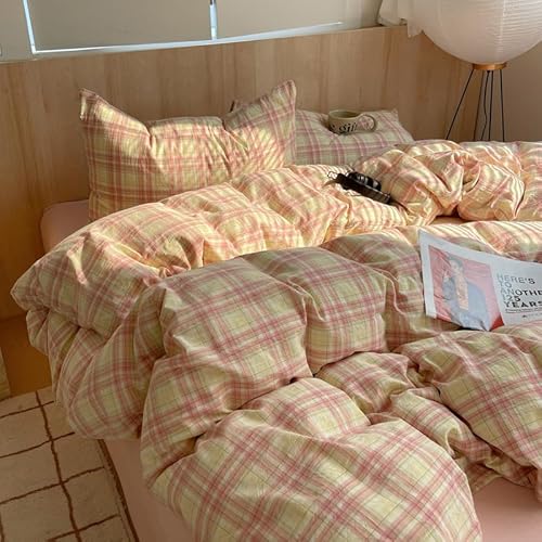 Freyamy Housse de Couette 220x240 à Carreaux Vichy Motif Rose Jaune Parure de lit 2 Personne Adulte avec Fermeture Éclair Moderne Sets de Housse en Microfibre avec 2 Taie d'oreiller 65 x 65cm