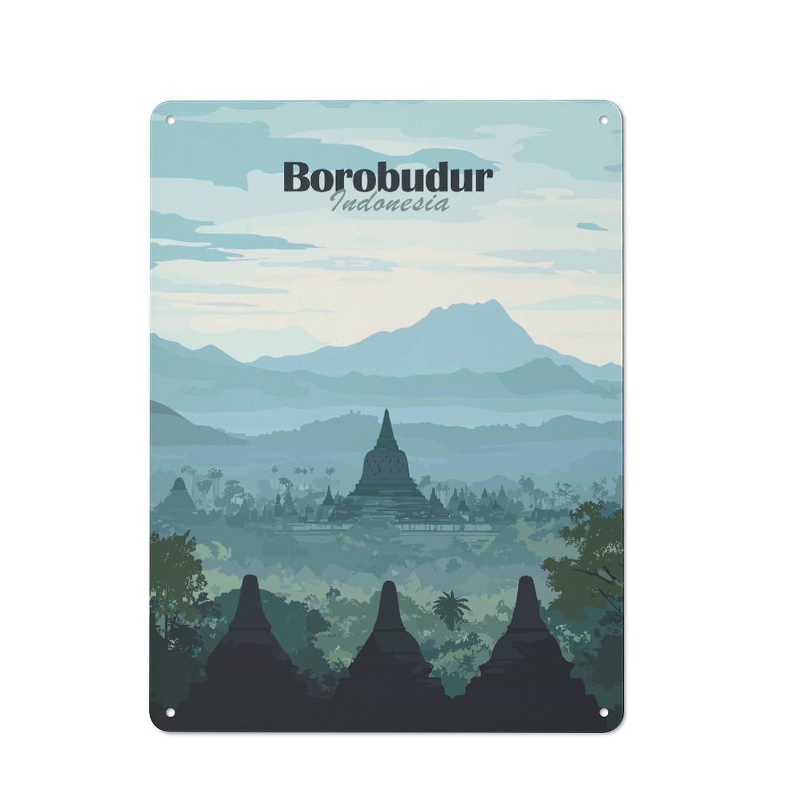 Junmoney Style Tin Wall Plaque 40X30cm With Borobudur Temple, Indonesia For Workshop Wall, Housewarming Wall Decor For People Furnishing Workshop