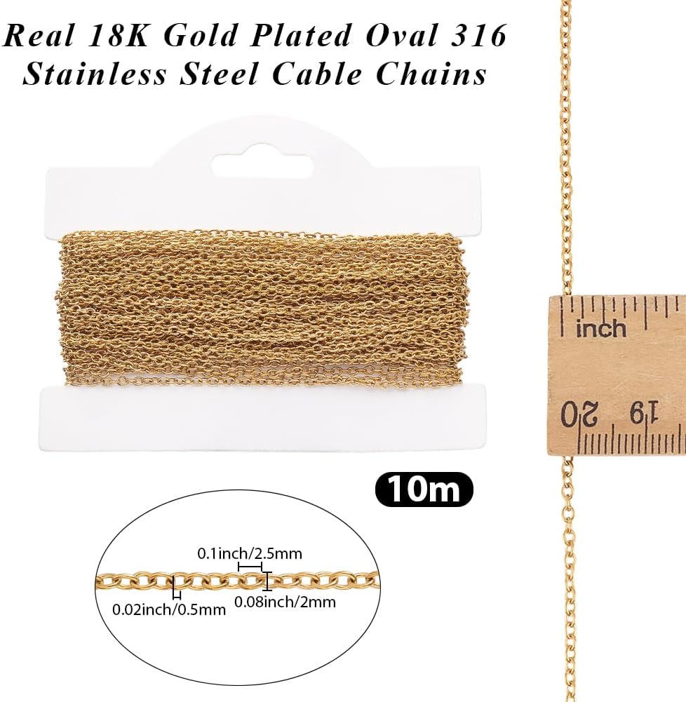 Beebeecraft 10M Necklace Chains 18K Gold Plated 316 Stainless Steel Oval Cable Chains with Card Paper for DIY Necklace Bracelet Jewelry Making