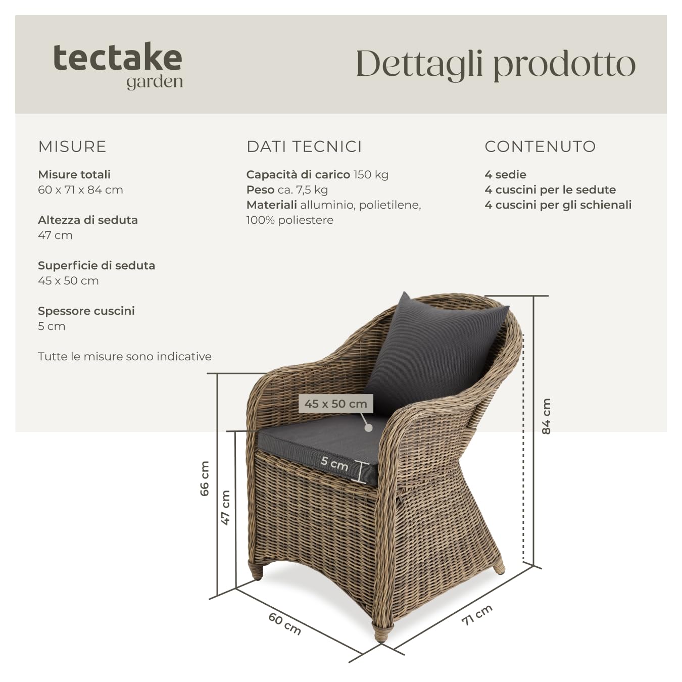 tectake® Set Sedie Deluxe in Polyrattan, 4 Poltrone da Giardino con Telaio in Alluminio, Comodi Cuscini per Seduta e Schienale, Resistente alle Intemperie, Design Elegante - Naturale