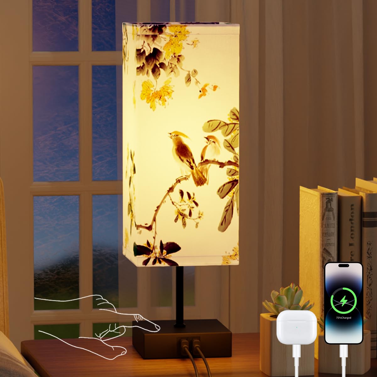 Yeeklab LED Nachttischlampe mit Birdie-Stoffbezug, Dimmbar Nachtlichter mit 3 Farbtemperaturen, Tischleuchte mit 2 USB Ladeanschlüsse für Wohnzimmer Schlafzimmer
