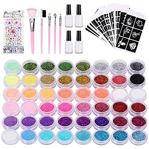 Kit Tatouage Paillettes, Kastiny 48 Couleurs Tatouages Temporaires Maquillage mit 203 Pochoirs, Tatouage Éphémère Enfant Étanche Non Toxique pour Garçons Filles, Adultes Fête, Maquillage Halloween