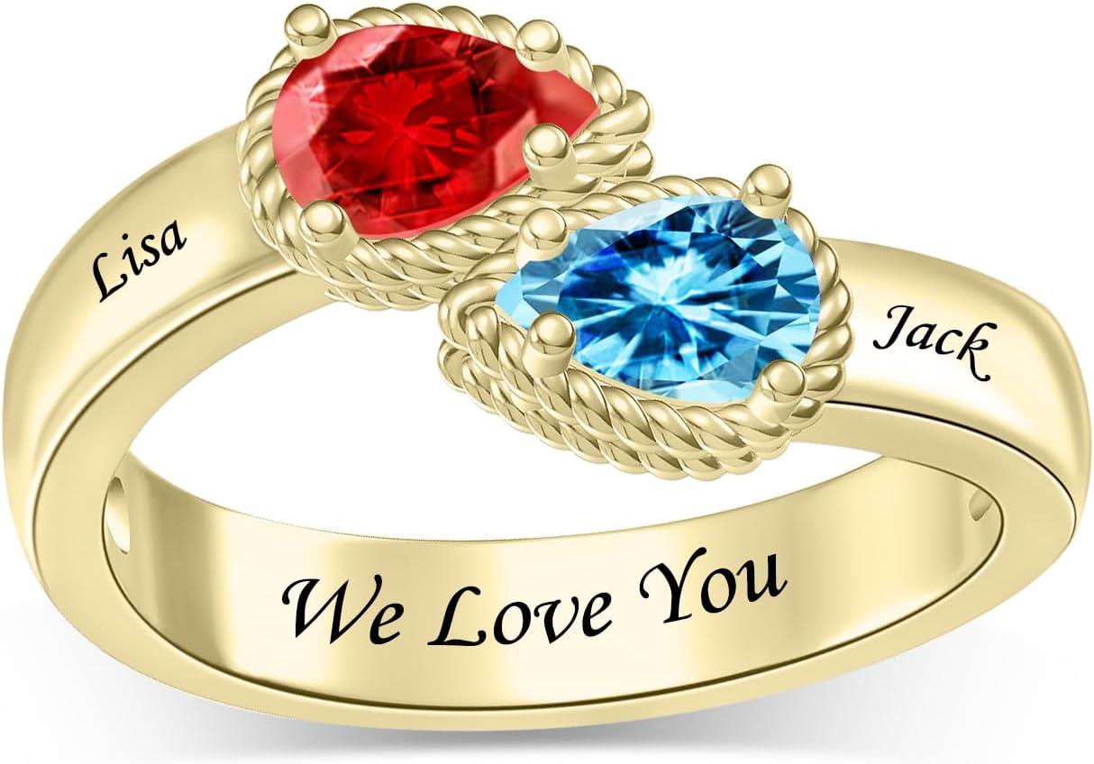 Personalized Birthstone Ring for Women 925 Sterling Silver Promise Ring with 2-5 Cubic Zirconia Stones Mother Rings with Engraved Names Christmas Jewelry Gifts for Women Mom Grandma Daughter Wife