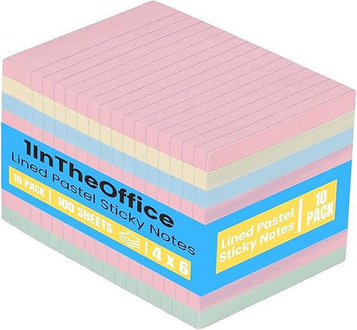 1InTheOffice Notas adhesivas grandes de 4 x 6, notas autoadhesivas de colores pastel surtidos de 4 x 6 pulgadas, 100 hojas, paquete de 10