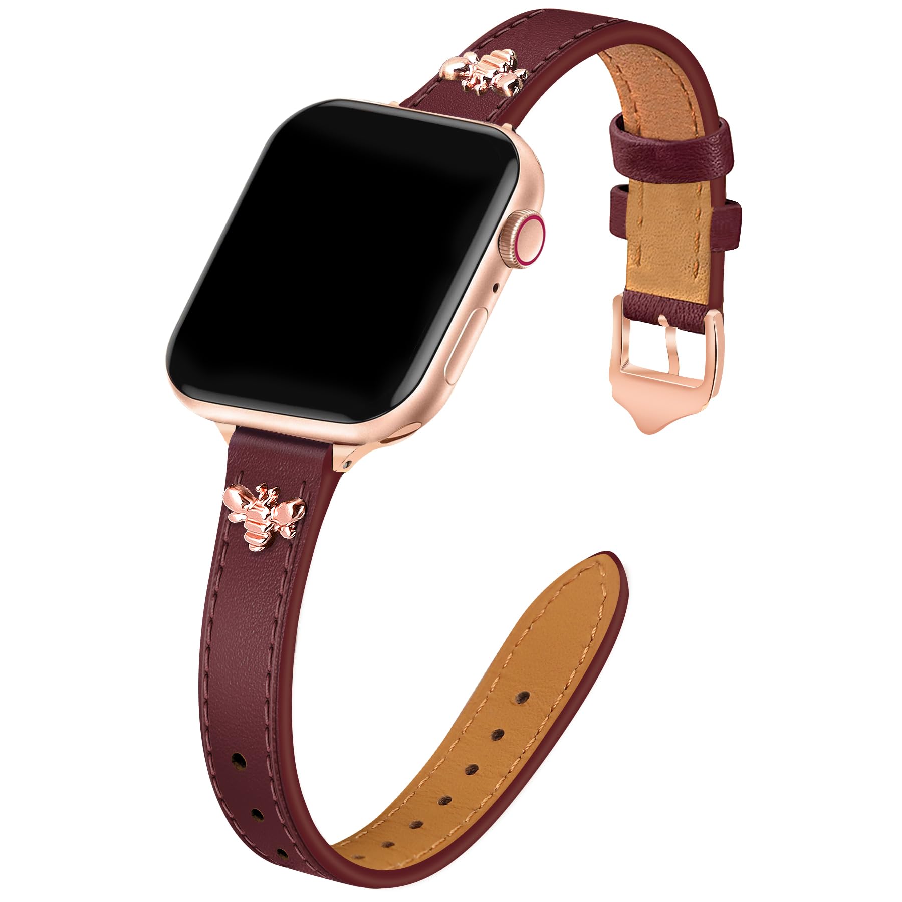 JR.DM Slim Leather Bands Compatible with Apple Watch Band 38mm 40mm 41mm 42mm 44mm 45mm 46mm 49mm, Genuine Leather Band with Charms, Feminine Design
