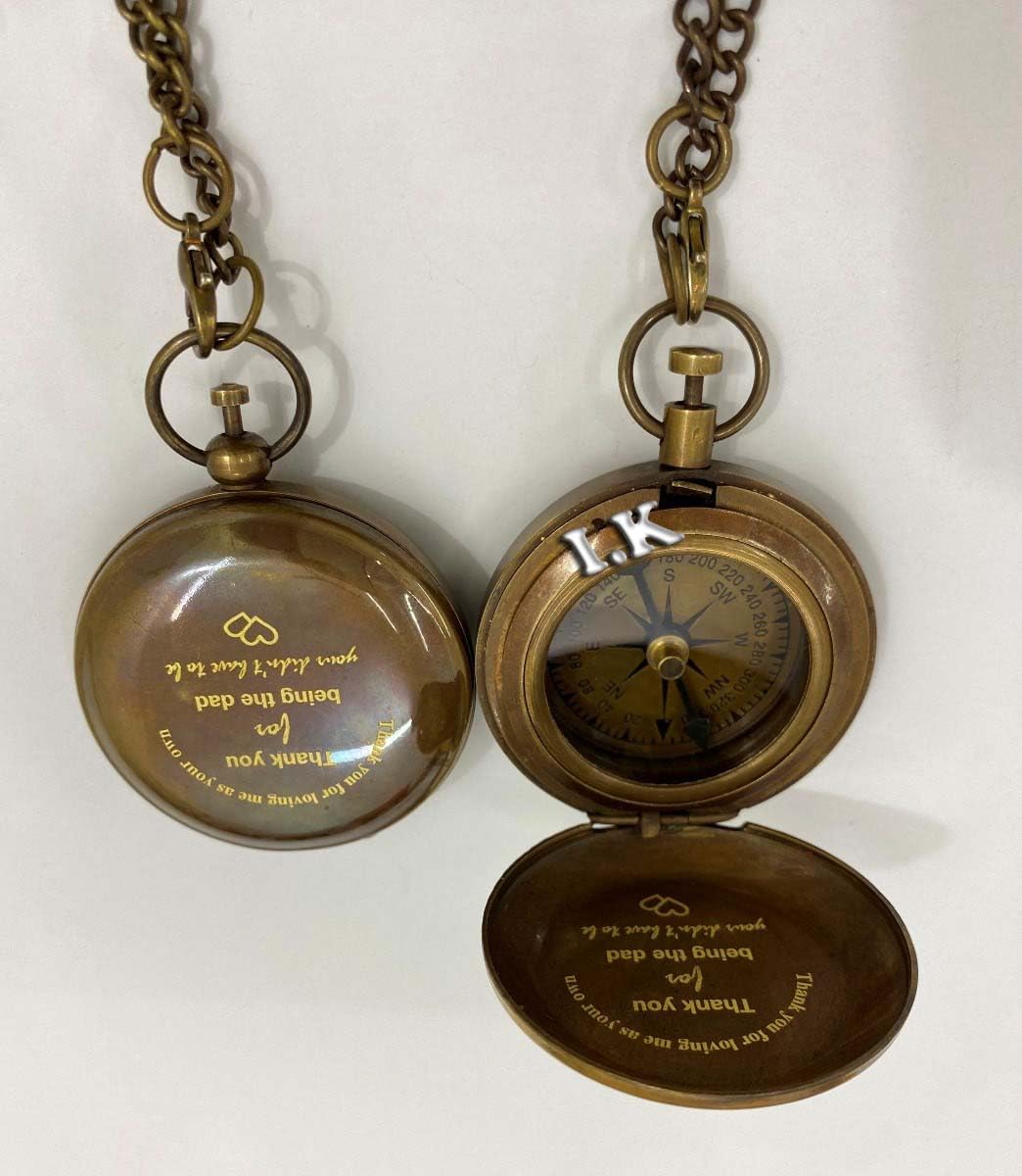 generic Handmade Brass Sundial Compass with Chain - Push Open Compass Engraved Nautical Compass Brass Rose London Vintage Look Push Button Pocket Compass-picture-17