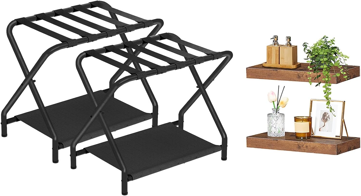 HOOBRO Luggage Rack and Floating Shelves Bundle, Folding Suitcase Stand with Fabric Storage Shelf for Guest Room, Wall Mounted Shelf Set of 2, BK04XLP201-BF40BJ01
