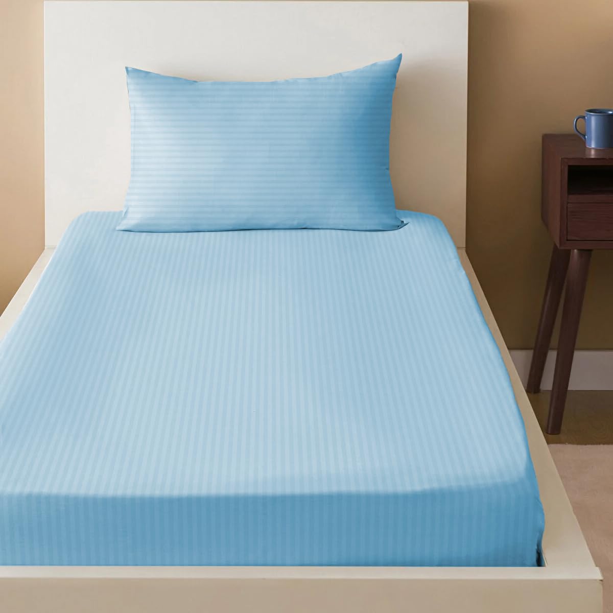 Sleep Well Microfiber Stripe Fitted Sheet with Pillowcase Set - 90x200+17cm (Sky Blue)