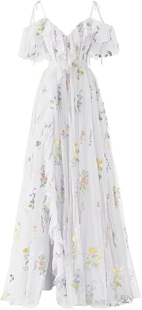 Maxianever Womens White Tulle Prom Dresses Flower Embroidery V Neck Long Formal Evening Party Gowns Puffy Sleeves US8