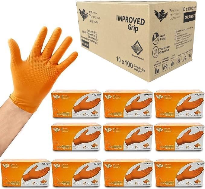 S&G Orange Nitrile Gloves Disposable Latex-Free 8Mil Thick Heavy Duty Powder-Free for Industrial, 1000 Pcs- Medium, Large, XL