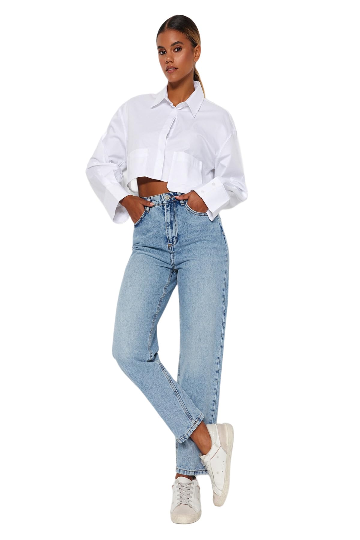 TRENDYOL Damen Jeans Light Blue High Waist Mom Jeans Twoaw24je00076