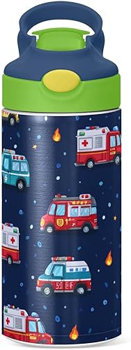 Miniatura 2 de Botella de agua para niños con diseño de ambulancia de dibujos animados, con tapa con pajilla, camión de bomberos, camión de bomberos, vaso