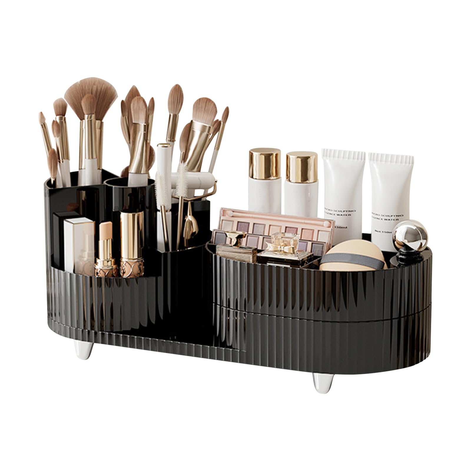 DASITON Makeup Organiser with Drawer, 360° Rotating Makeup Brush Holder, Makeup and Skincare Storage for Vanity Desktop