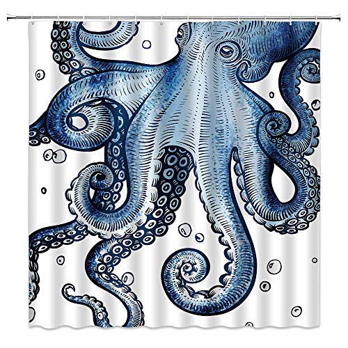 Blue Octopus Shower Curtain Ocean Kraken Sea Animal Octopus Tentacles Marine Life Bubbles Cool Fabric Bathroom Decor Curtain with 12 Hooks,71X71 Inchs