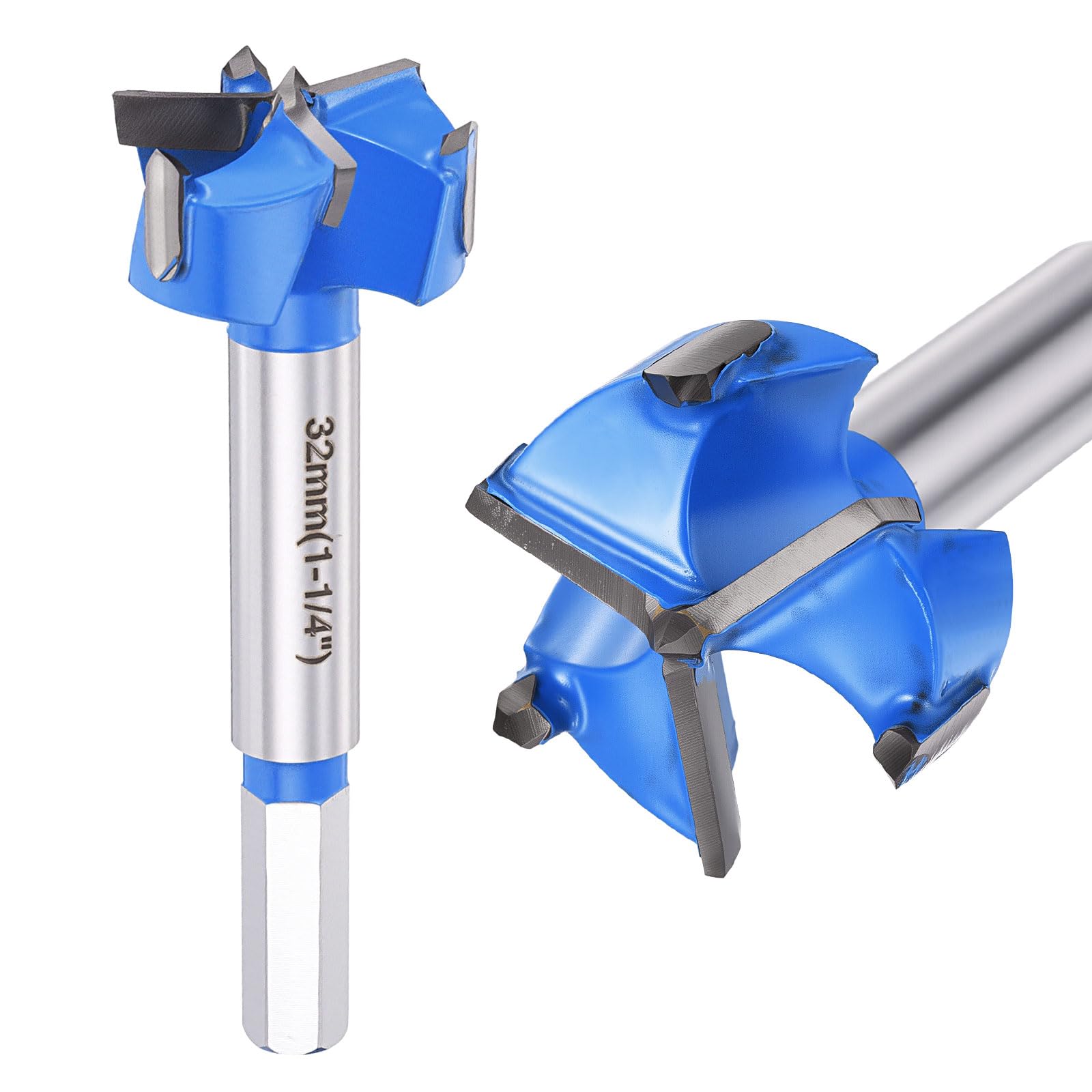 DTGN 32mm Forstner Drill Bits 1-1/4" - 2Pack - Good for Wood Plastic Plywood - 3 Flutes Tungsten Carbide Woodworking Hole Saw Cutter with Hex Shank - Blue