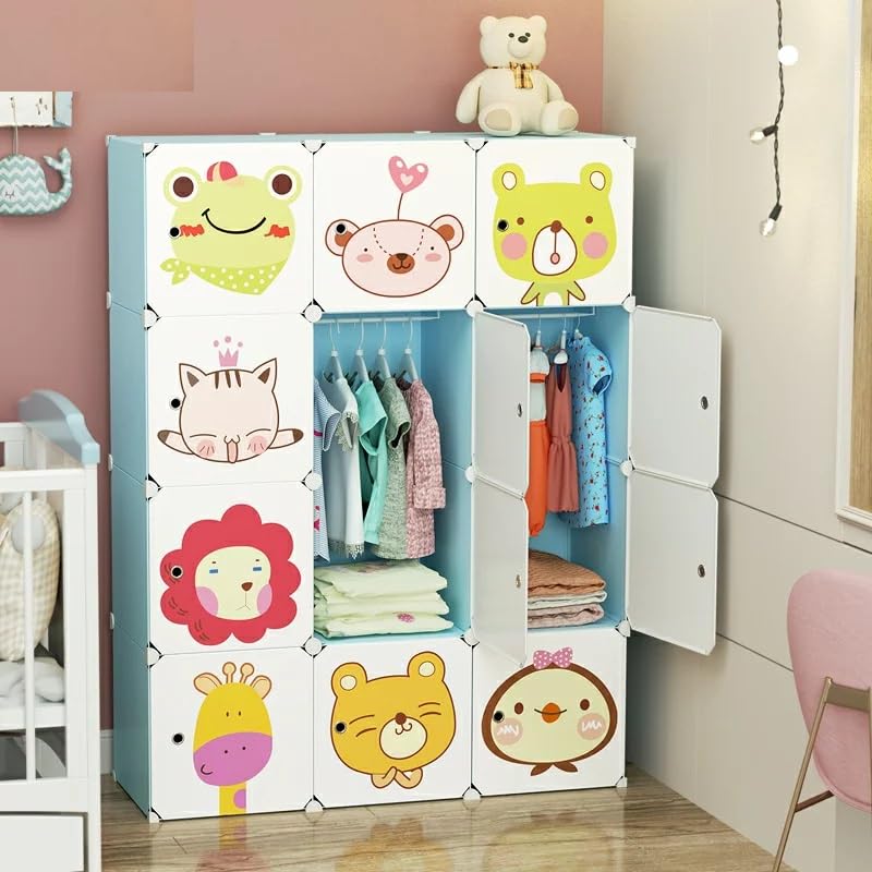 Image of Kids Plastic Collapsible Wardrobe Organizer for Storage | Cute Cartoon Design | Heavy Duty Cloth Organizer for Storage | Easy to Assemble | Perfect for Kids Room & Home (Blue-T5)