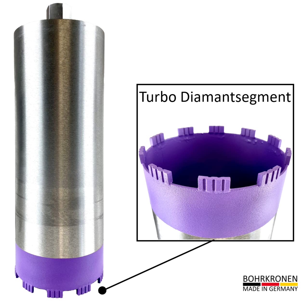 Corona de diamante turbo de 200 mm de diámetro, corona de perforación de 1 1/4 pulgadas para mojado y seco, turbo segmentado con 400 mm de longitud útil para hormigón, hormigón armado.
