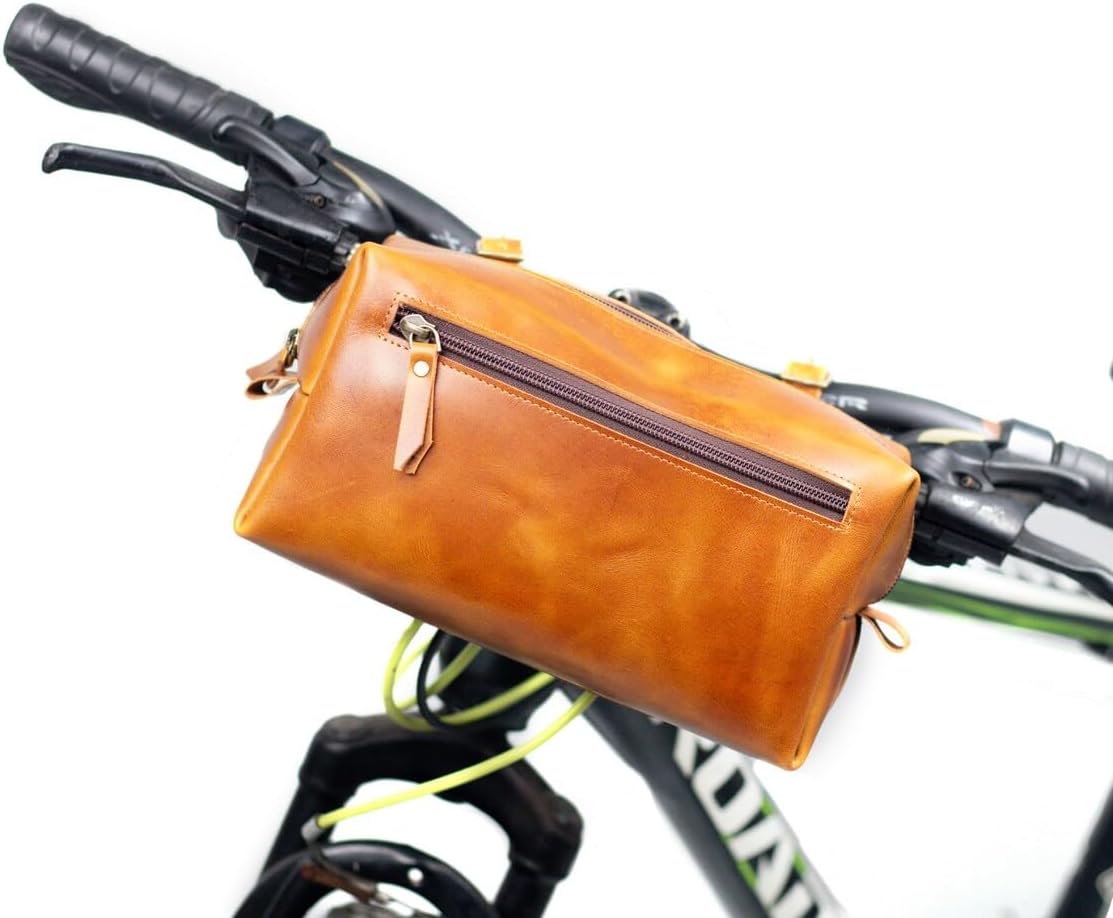 M RUFOUS Genuine Leather Under Seat Handlebar Rectangular Bicycle Bag - Tan, Premium Handcrafted Bicycle Bag with YKK Zippers, Leather Bag for Cell Phone (Free Waterproof Cover) image 5