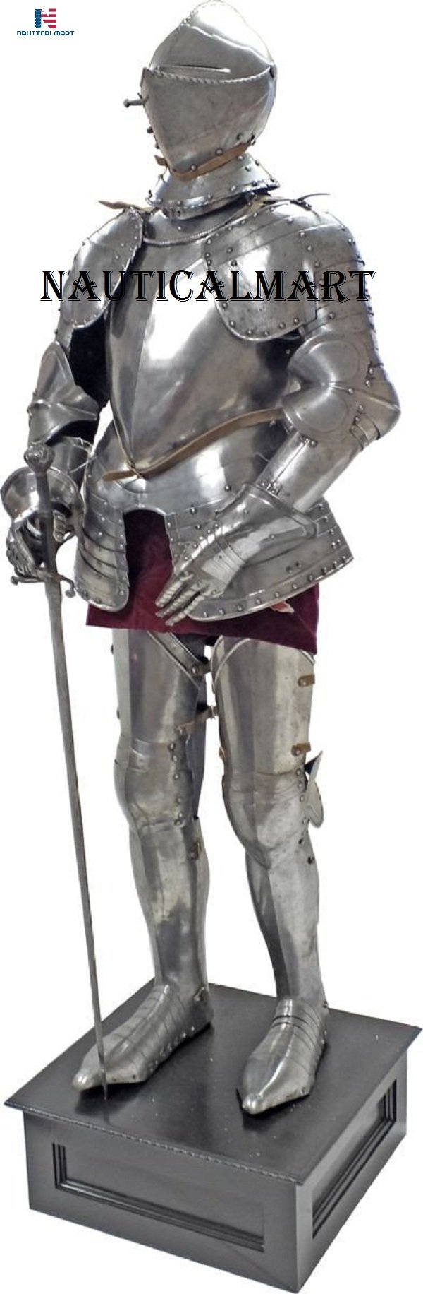 NauticalMart Italian Full Suit of Armor Medieval Knight Closed Helmet Costume Silver