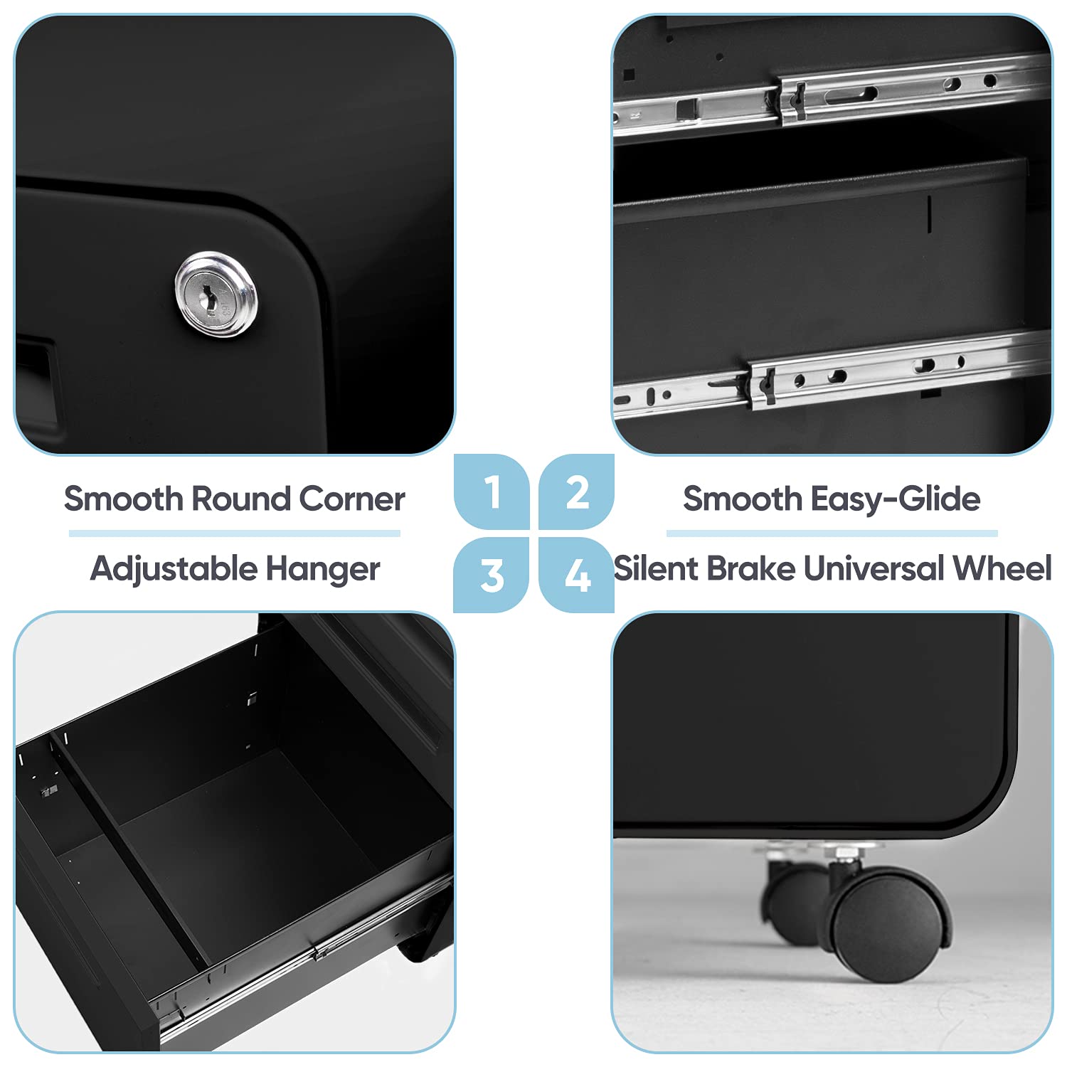 Bonusall Black 3 Drawer File with Lock, Locking Filing