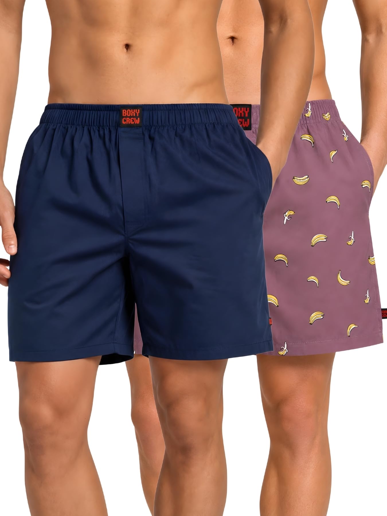 boxy crew Men Boxer Shorts Pack of 2, 100% Cotton Woven Boxers, Navy Blue & Rose Pink, Solid & Printed Designs, Dual Side Pockets, No-Marks Inner Elastic Waistband, Relaxed Lounge & Sleep Shorts-picture-19