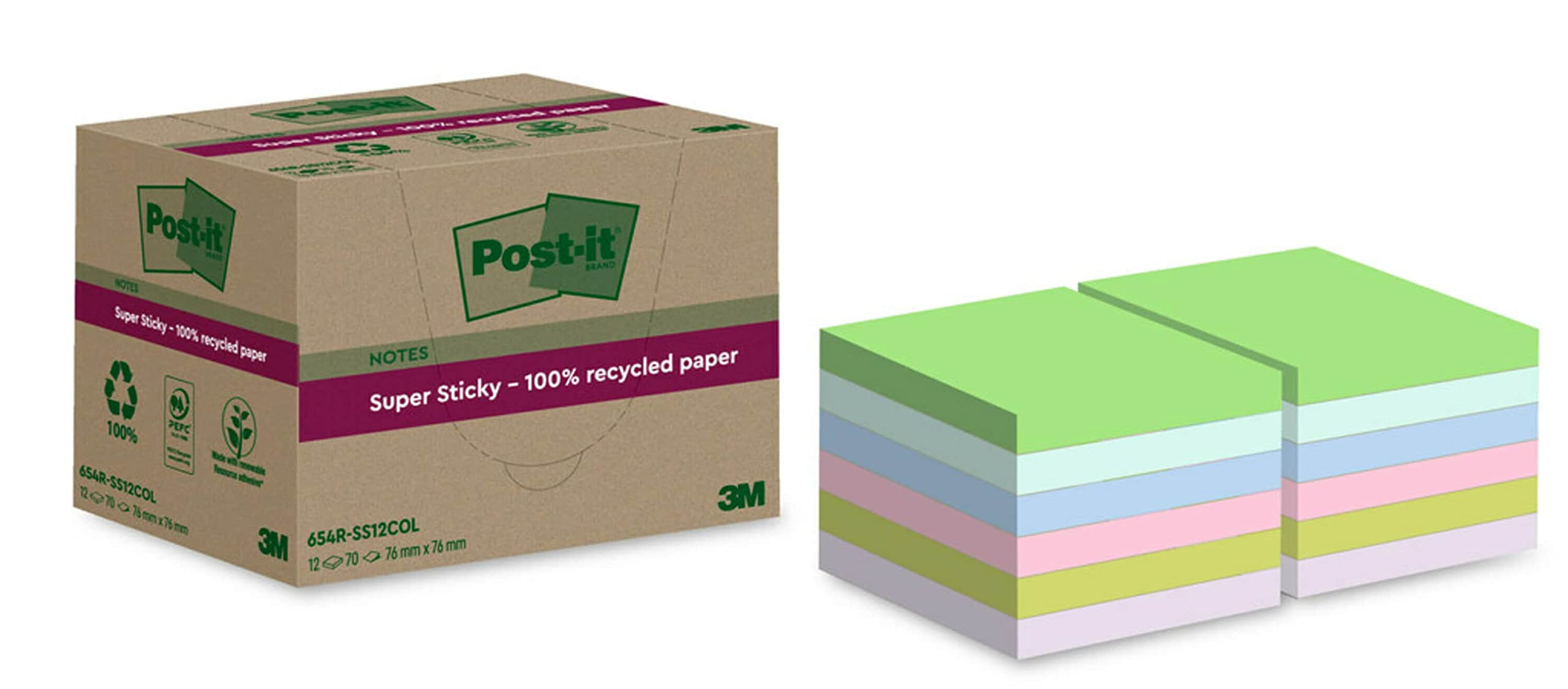 Post-it Super Sticky 100% Recycled Notes, Pack of 12 Pads, 70 Sheets per Pad, 76 mm x 76 mm, Pink, Green, Blue, Purple - Image 2
