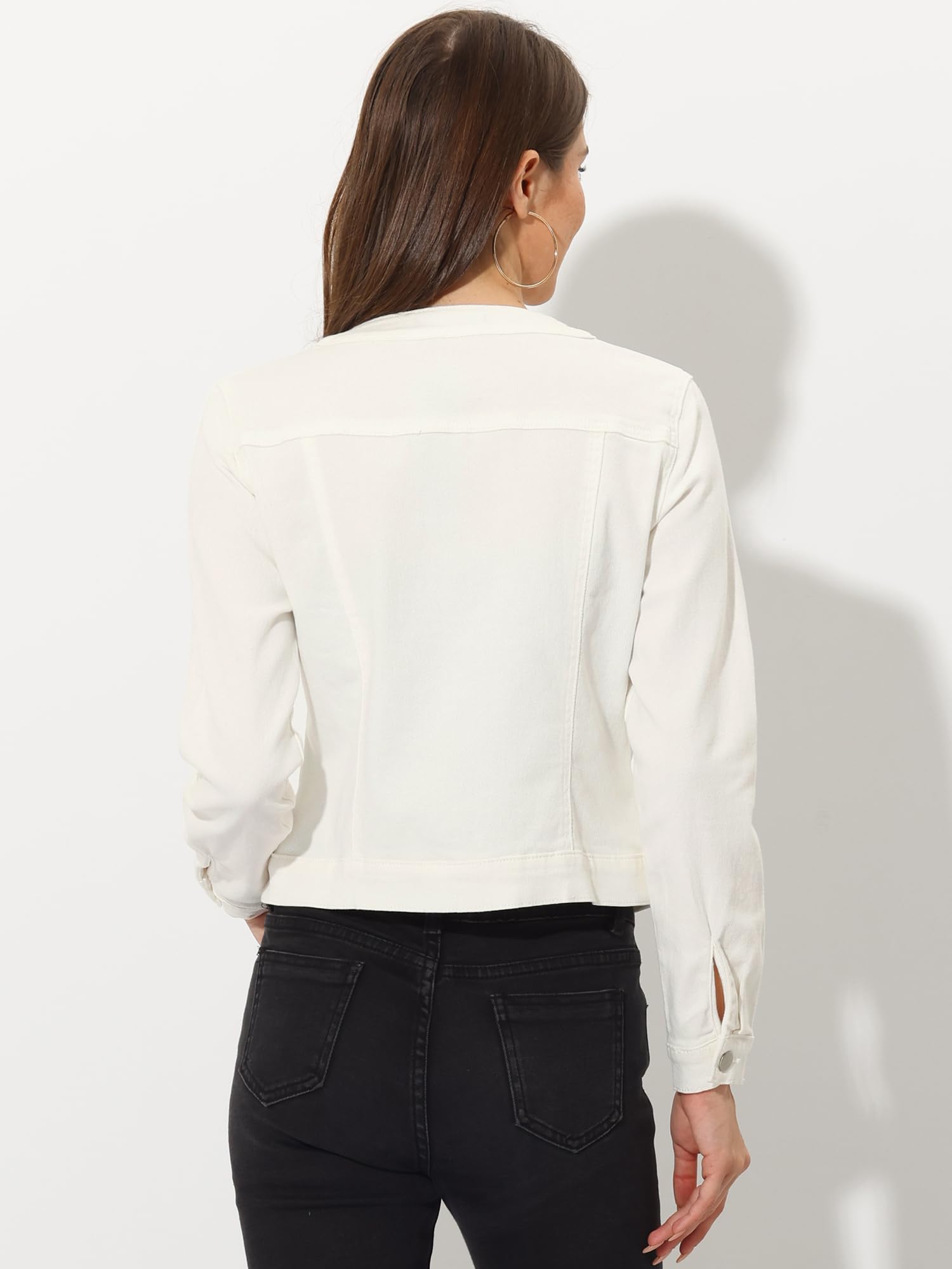 Allegra K Chaqueta de Mezclilla para Mujer de Manga Larga sin Cuello con Botones