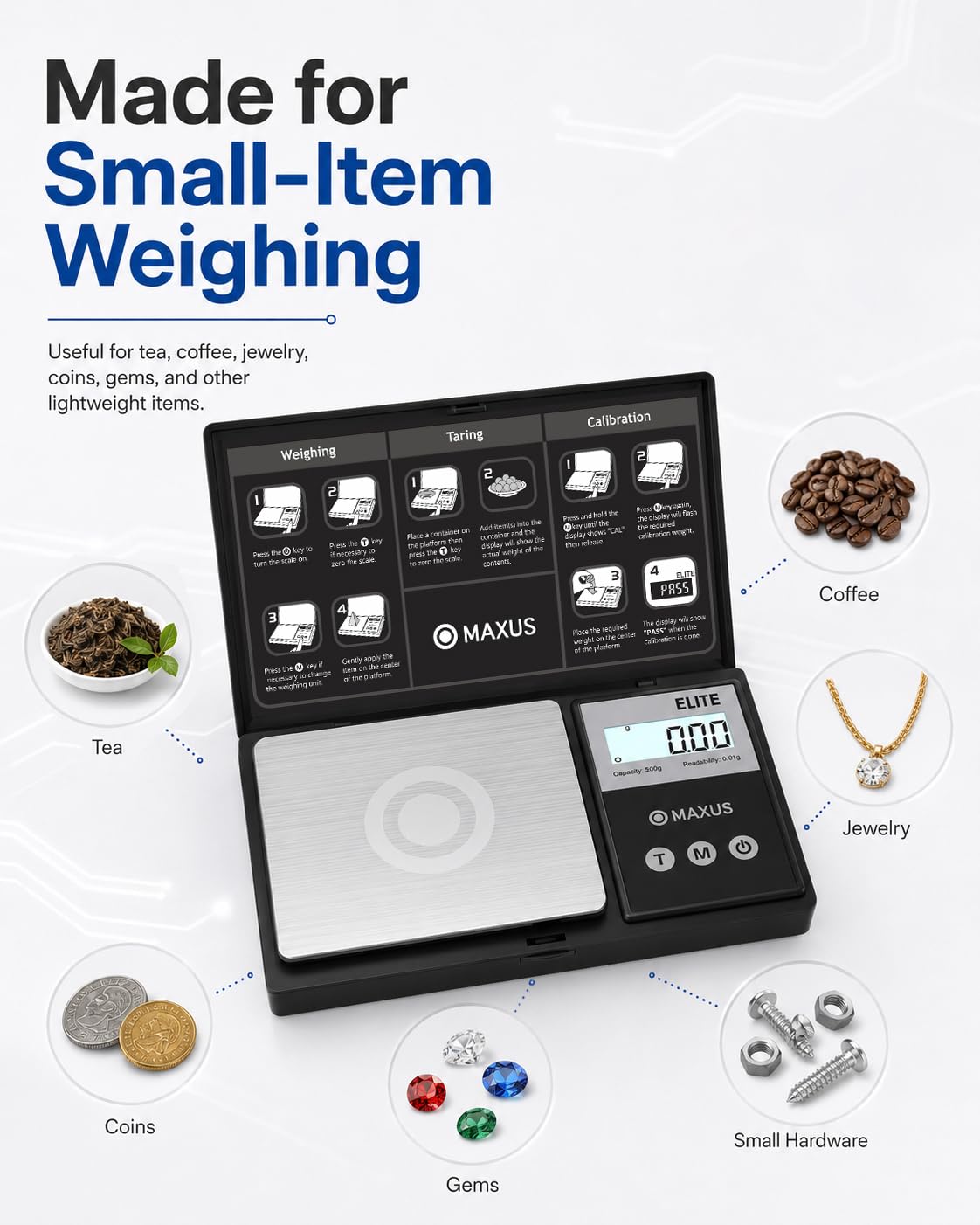 MAXUS Digital Pocket Gram Scale 500g x 0.01g High Precision with Tray, Weighs Small Food, Jewelry, Ounces, Grains, LCD Display, Tare Function