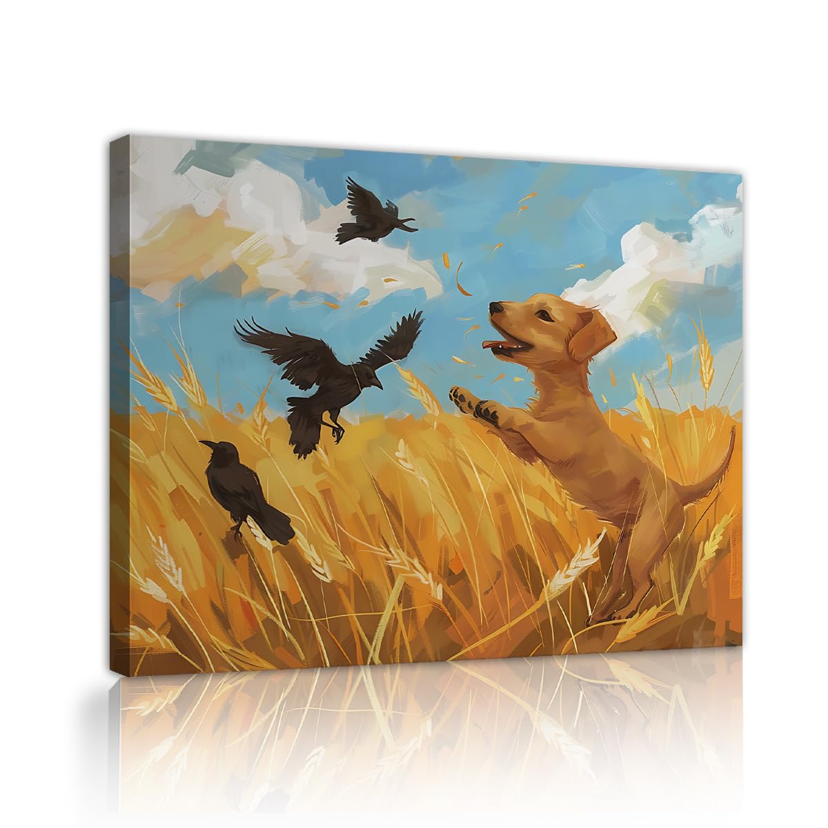 YUNART Funny Dog Canvas Art Print Wheat Field with Crows Leaping Puppy Painting Print for Home Impressionist Animal Artwork Wall Decor 80x105cm Innerframe