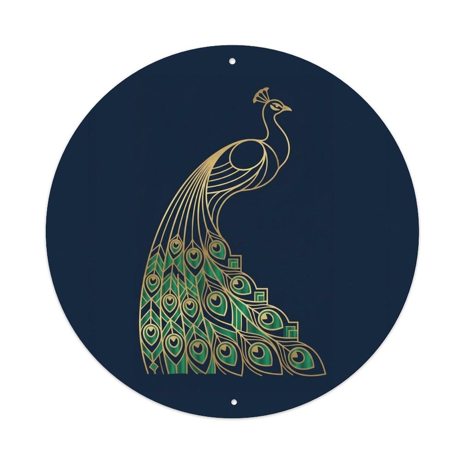 Peacock Bird Deco Style Elegant Feather Geometric Profile Metal Tin Sign Plaque Wall Decor for Cafe, Man Cave, Club Bar, Office, Home Garden Round Metal Poster 8x8Inch