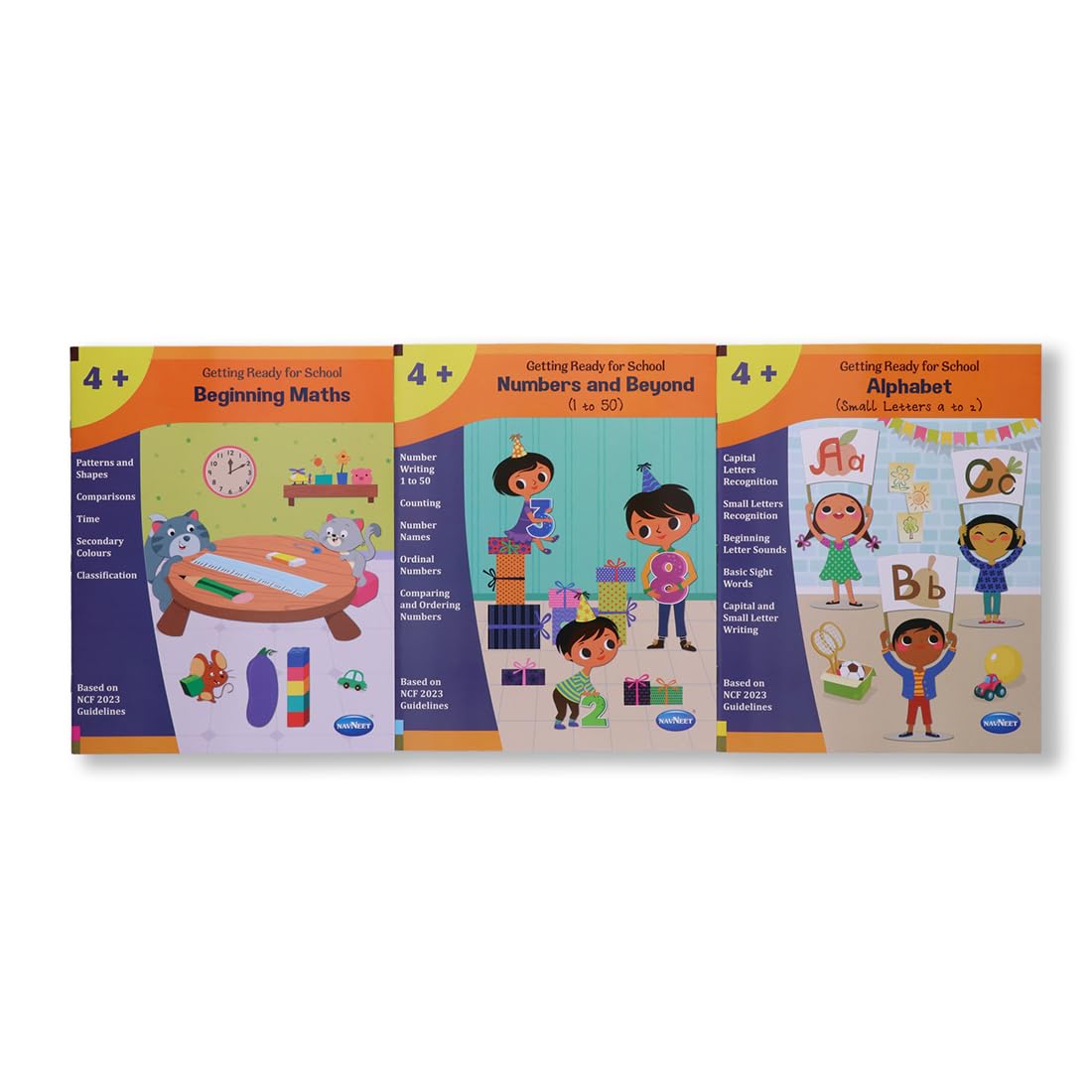 Navneet's Getting Ready for school for age 4+; Patterns and shapes, comparisons, Time, secondary colours, classification