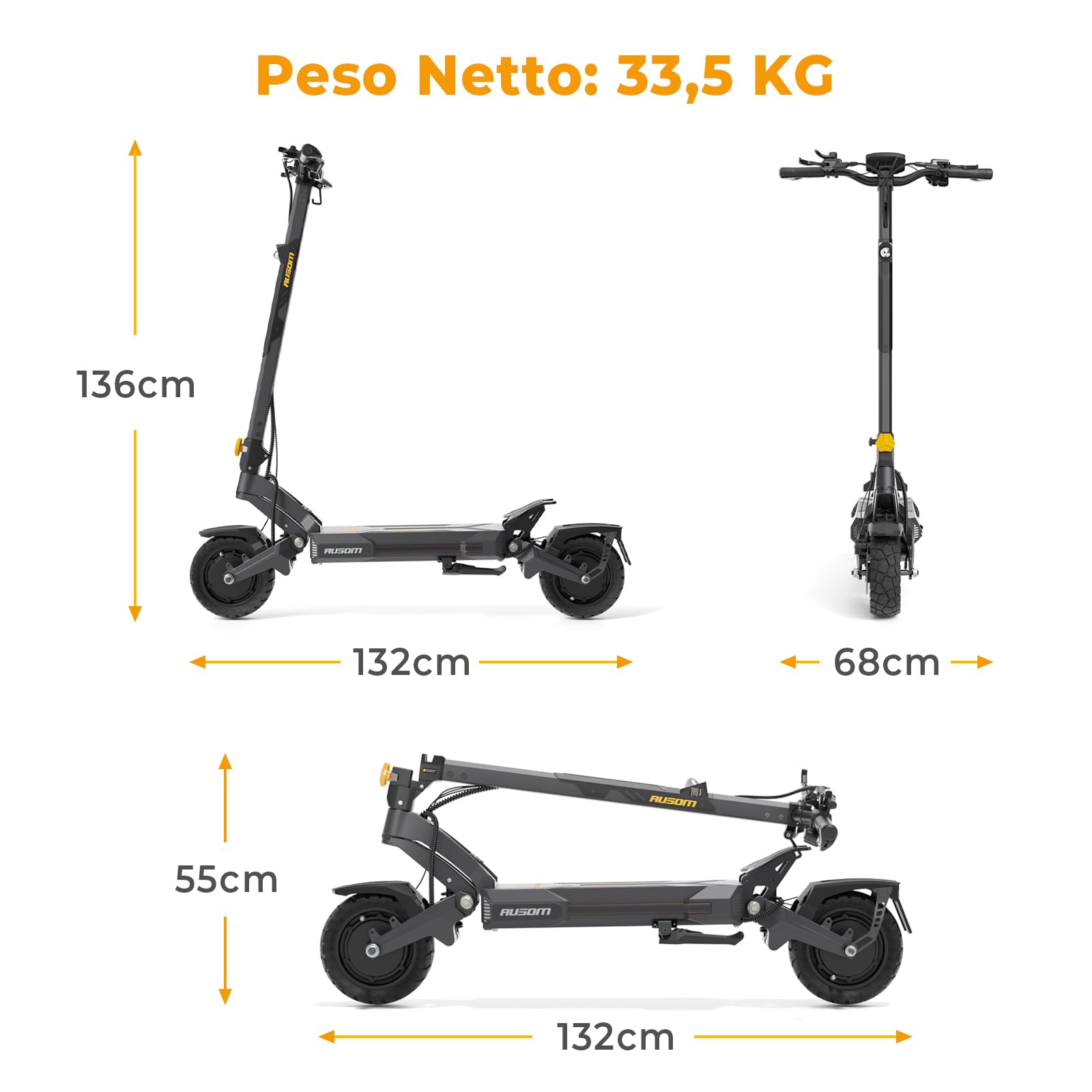 Monopattino Elettrico Ausom DT2 Pro, Batteria 23.4Ah 52V, Resistenza fino a 100-115 km, Pneumatici Da 10x3.0 Pollici, Monopattino Elettrico Adulto Pieghevole