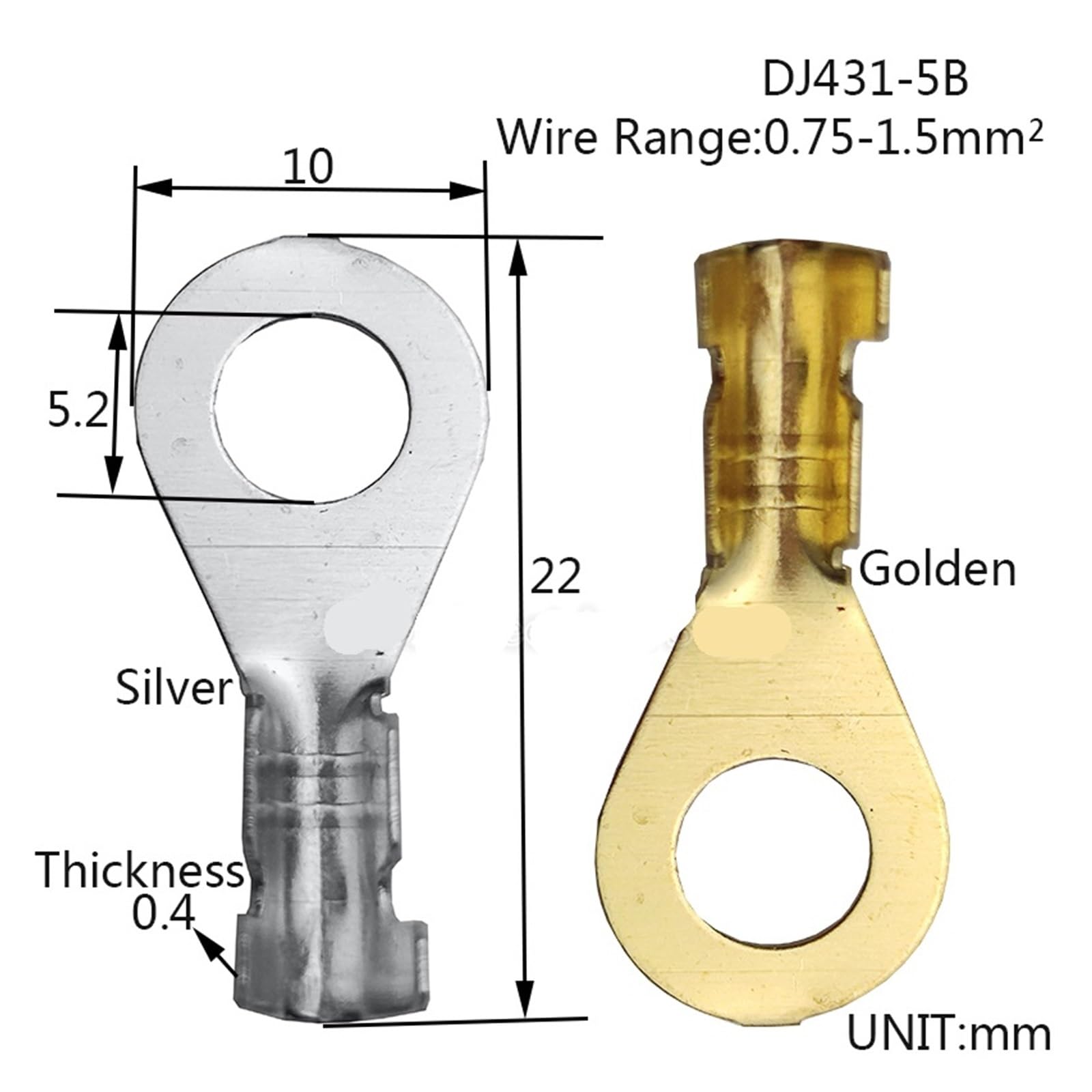 50 pièces DJ431 6B/3.2A/4.2A/5B/8B/10B/12C Terminal de cosse d'extrémité de Fil Joint torique en cuivre Nu pressé à Froid connecteur à sertir Circulaire cosse(DJ431-5B,Silver)