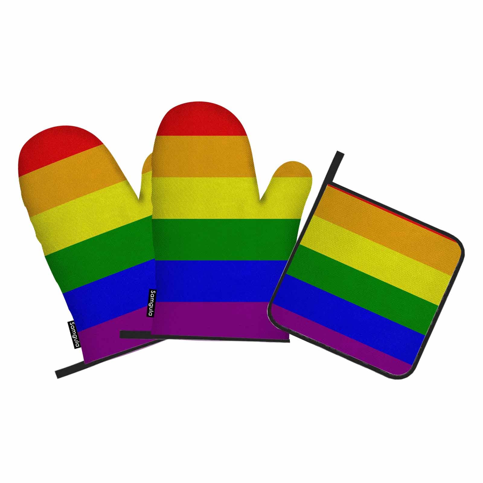 Rainbow Stripes Oven Mitts and Pot Holders Sets Colorful Gay Pride Flag Heat Resistant 3pcs for Cooking Baking BBQ