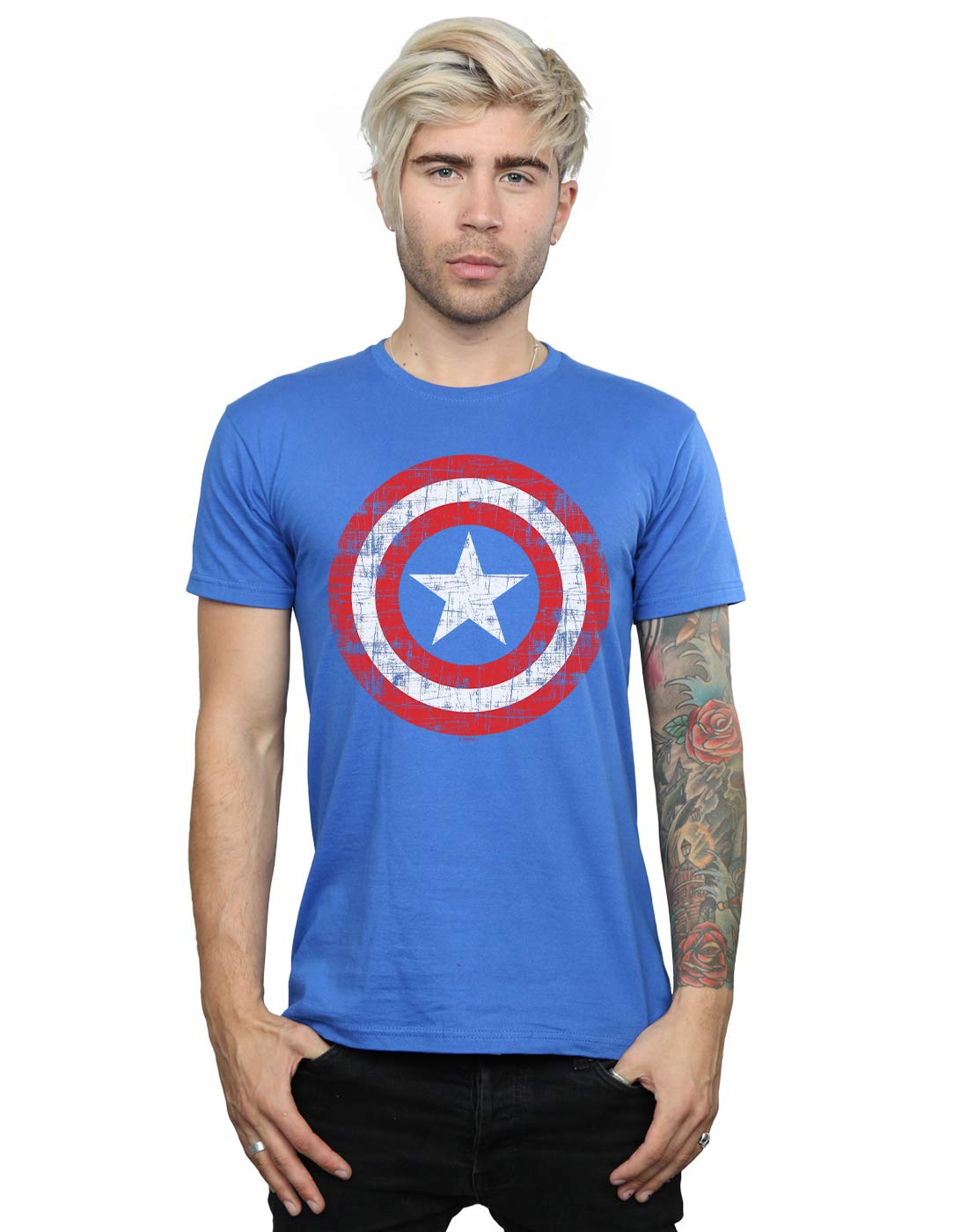 Absolute Cult Men's Royal Blue Marvel Avengers Captain America Scratched Shield T-Shirt Medium