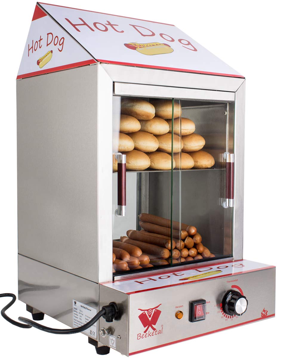 Beeketal 'HDS-2' Profi Gastro Edelstahl Hot Dog Steamer Maker zum Erhitzen und Warmhalten von ca. 100 Hotdog Würstchen und 20 Brötchen, Hotdog Würstchenwärmer und Brötchenwärmer Imbiss Stand Gerät